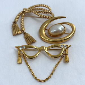 Vtg Avon Brooch Lot of 3 Tassels Gold Tone Lasso Eyeglasses Saturn 80s